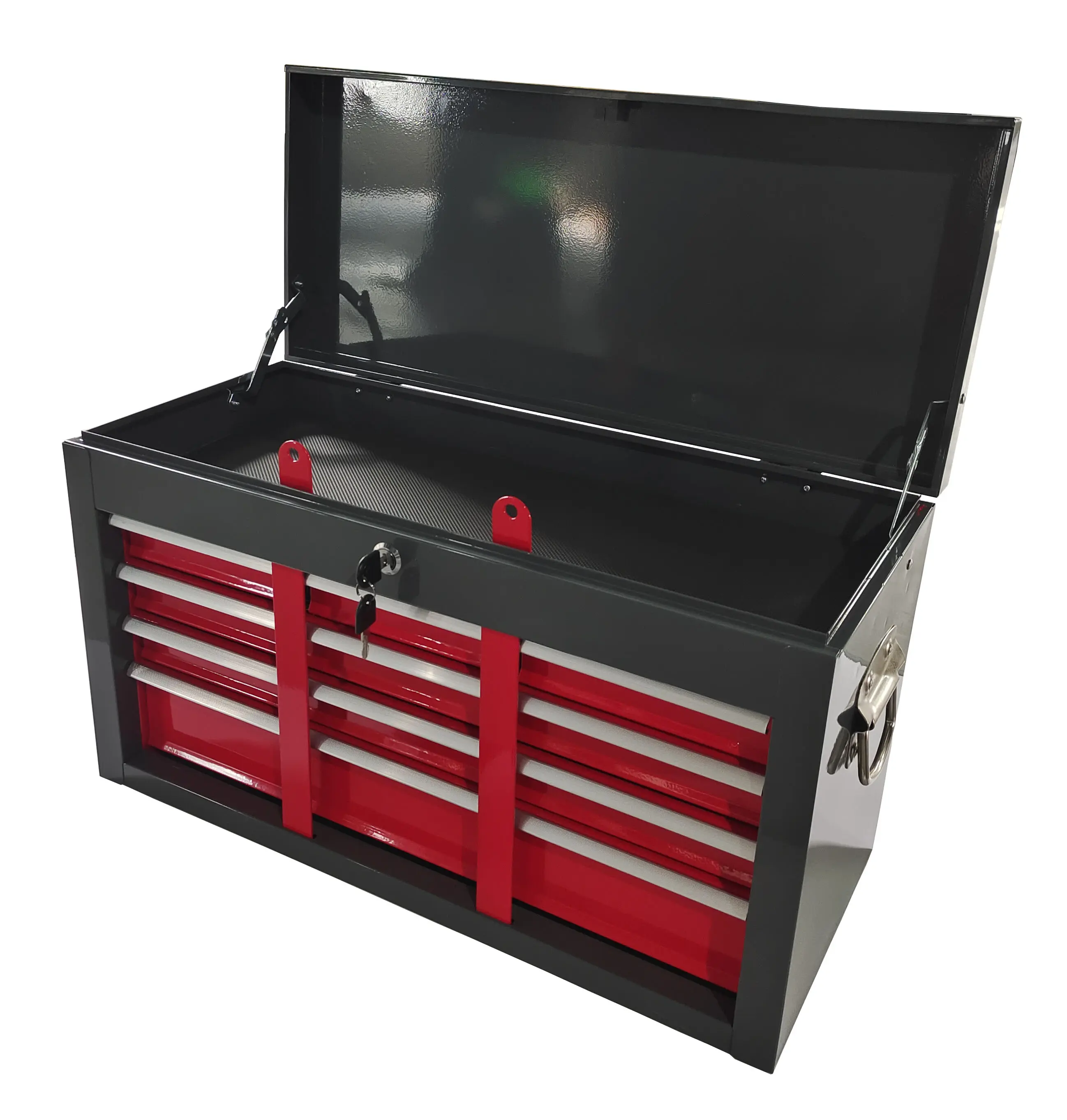Black and red upper tool chest with the flip-top lid open showing the top storage compartment