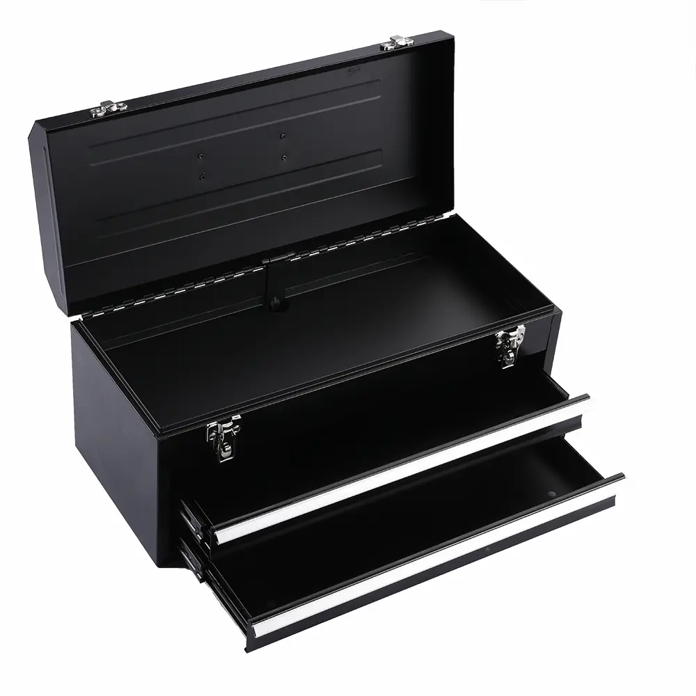 Black and silver two drawer metal toolbox with lid and drawers open