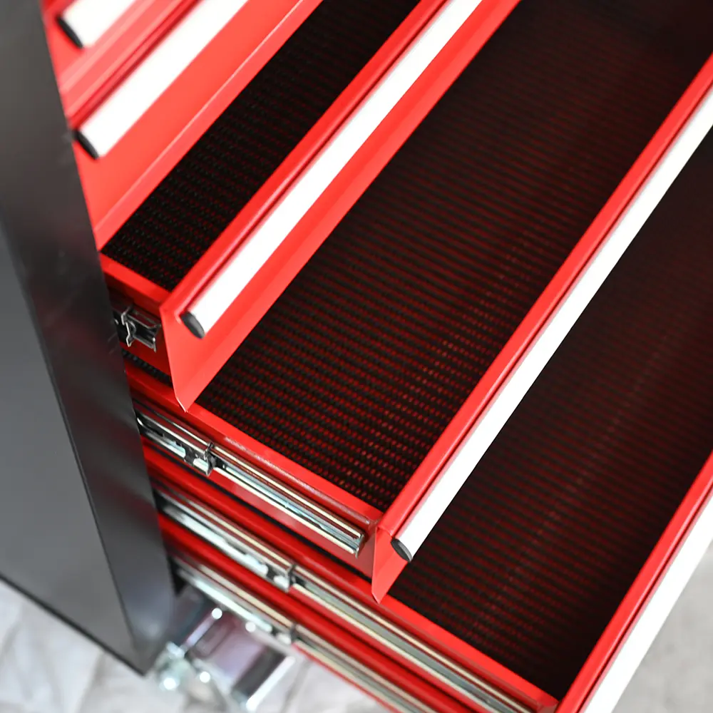 Drawer liner and slide detail on the black and red seven drawer tool cabinet