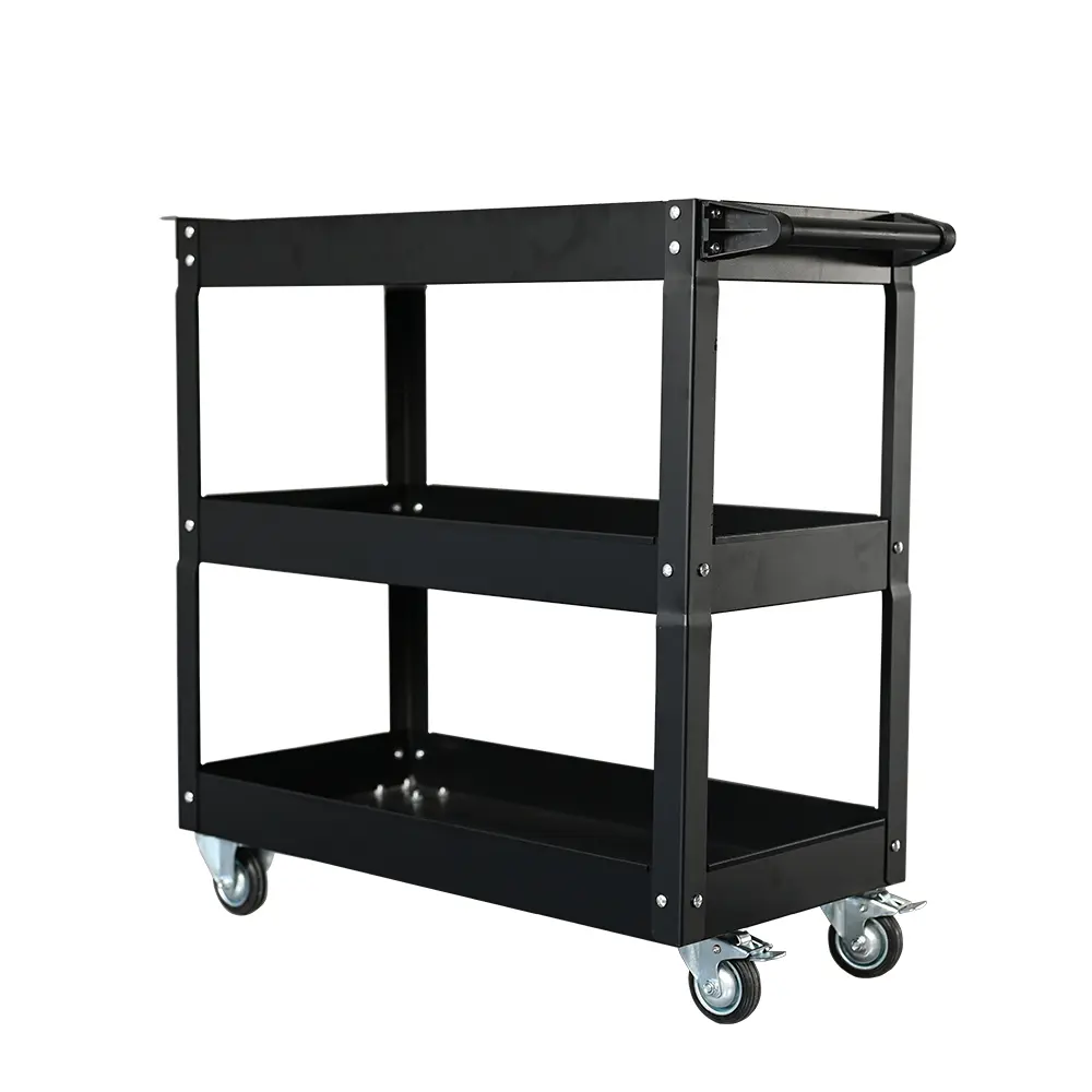 Black three shelf steel trolley showing the handle, open trays and swivel casters