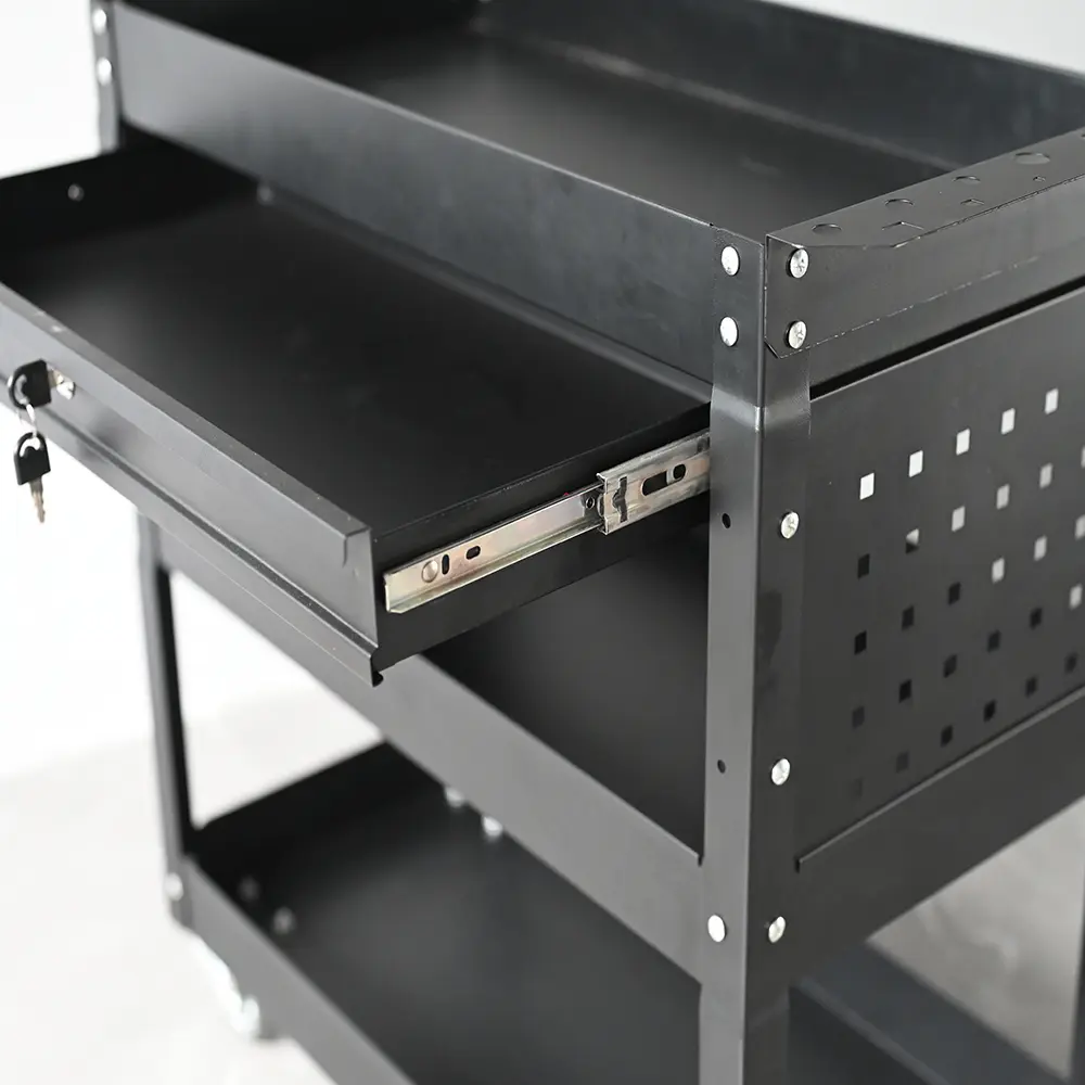 Open drawer and slide detail on the three shelf steel tool trolley