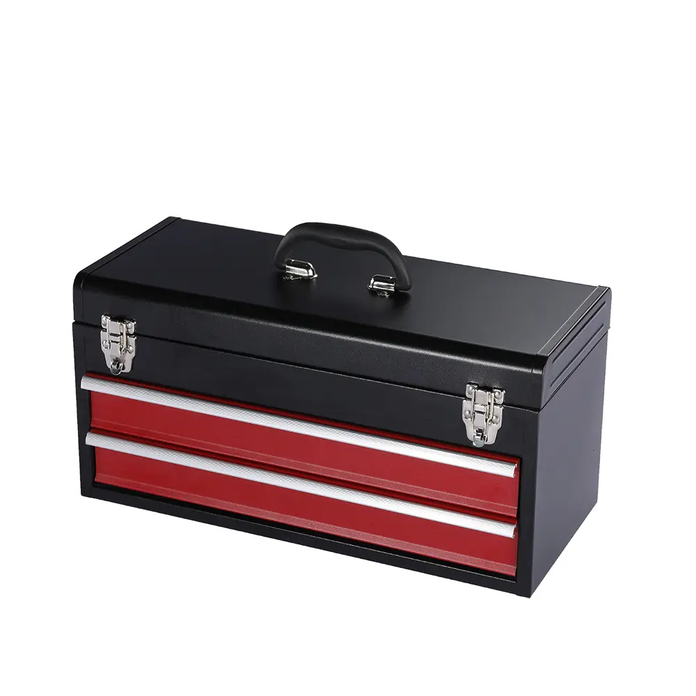 Black and red two drawer metal toolbox with carry handle, angled view