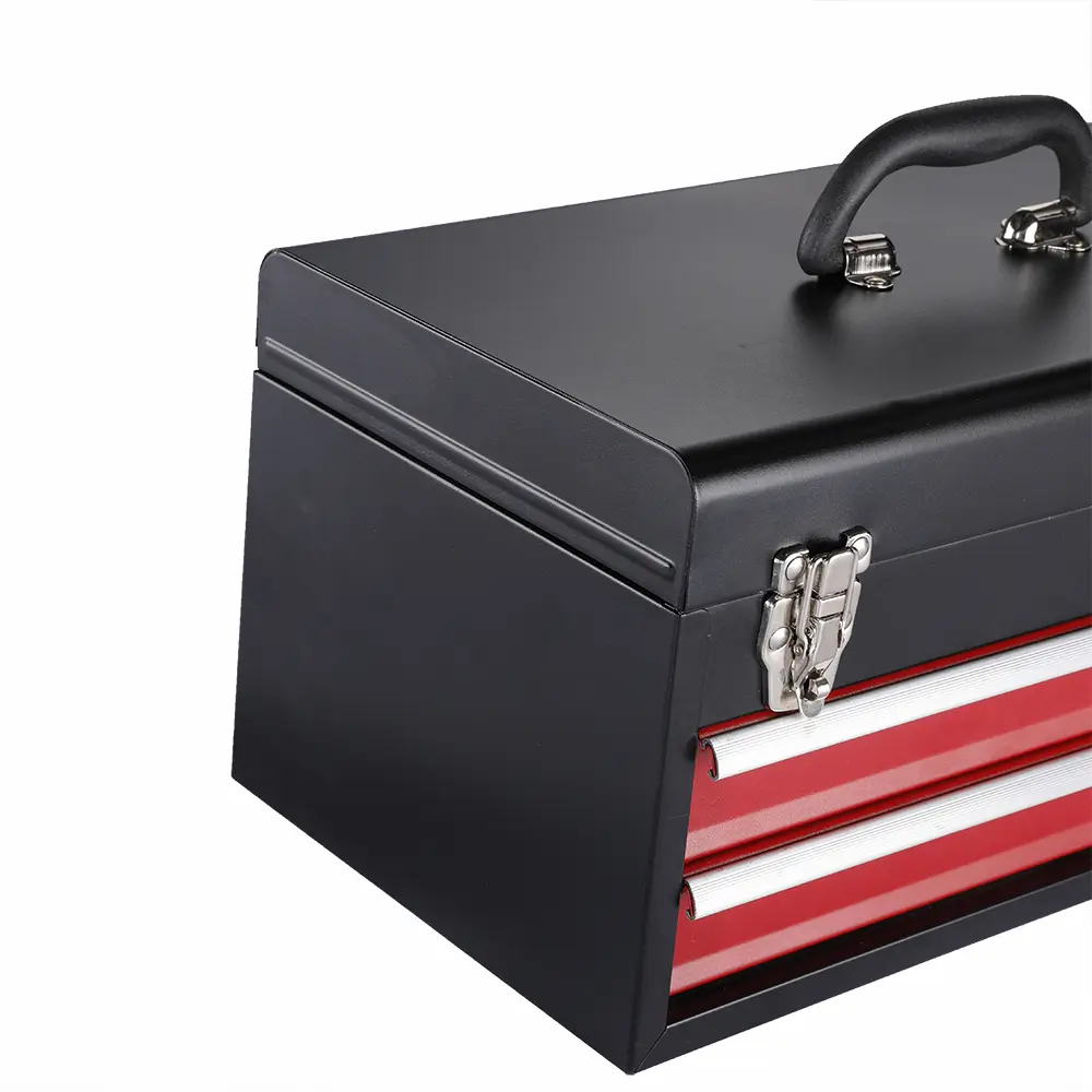 Carry handle, metal latch and side panel detail of the black and red two drawer toolbox