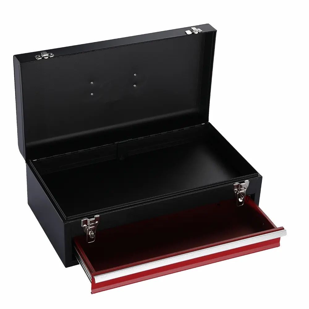Single drawer metal toolbox with its lid and drawer open