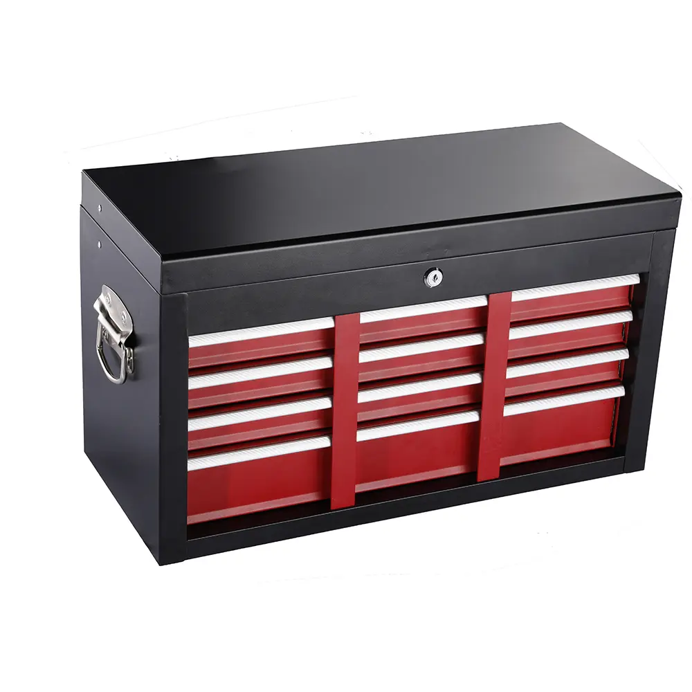 Black and red nine drawer top tool chest with side carrying handles