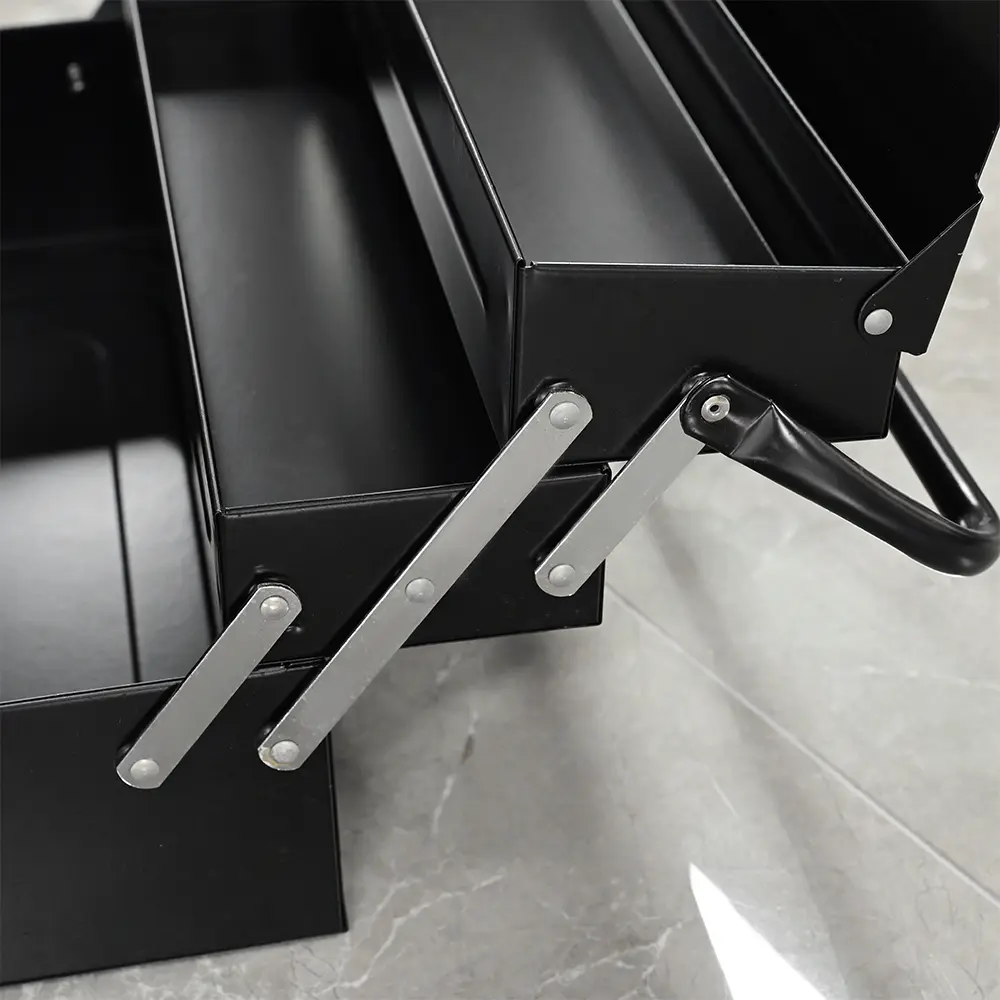 Cantilever linkage detail on the five tray metal toolbox