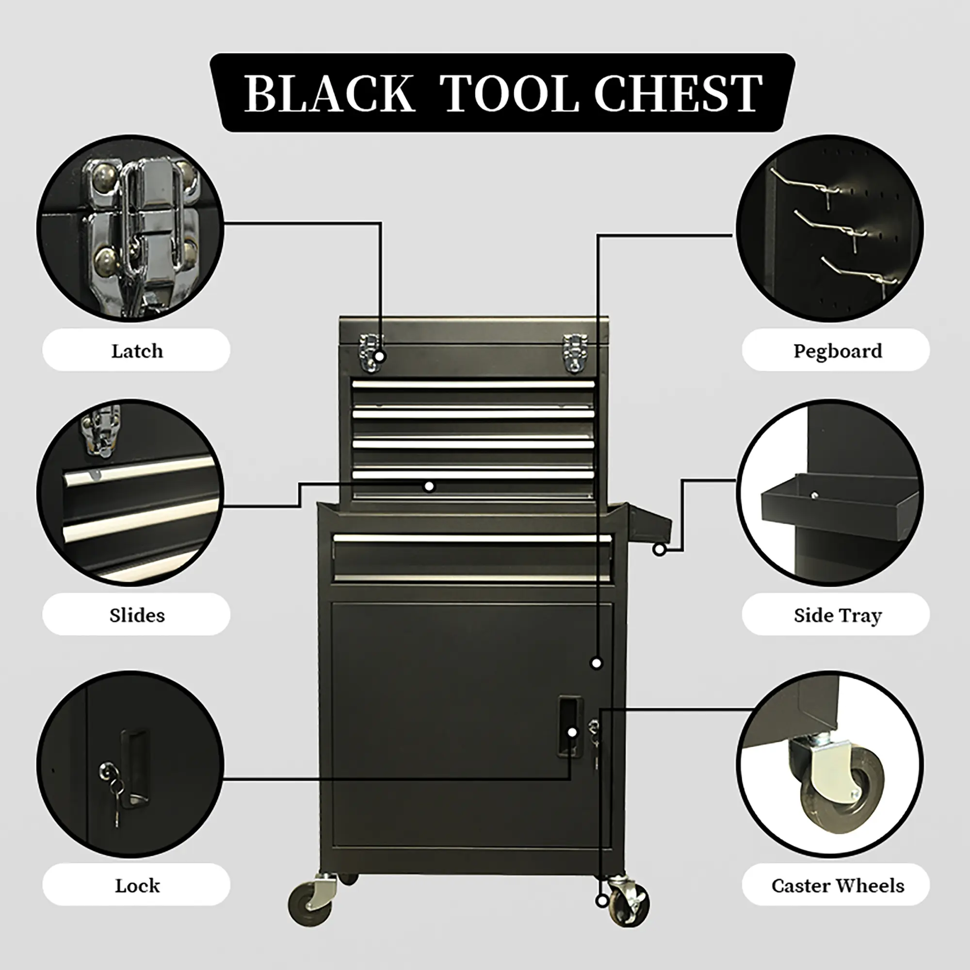Latch drawer slides lock side tray and caster details of the five drawer cabinet set