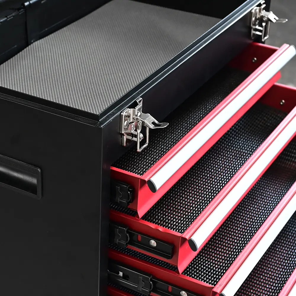 Four drawer metal toolbox drawer and latch detail