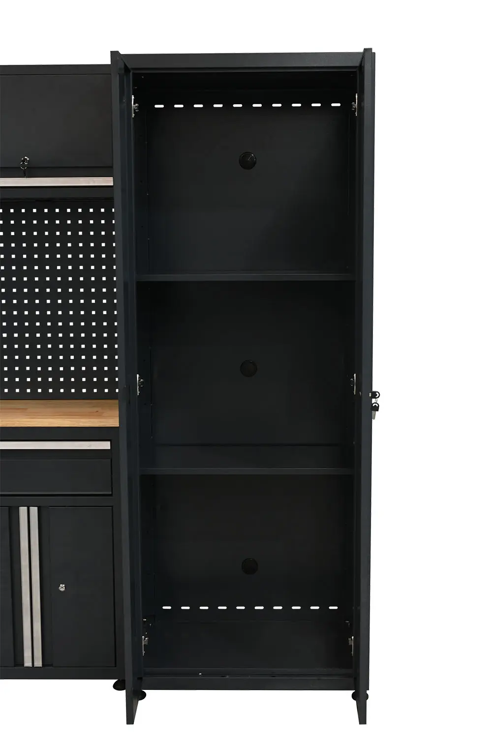 Tall garage cabinet with its door open showing internal shelves