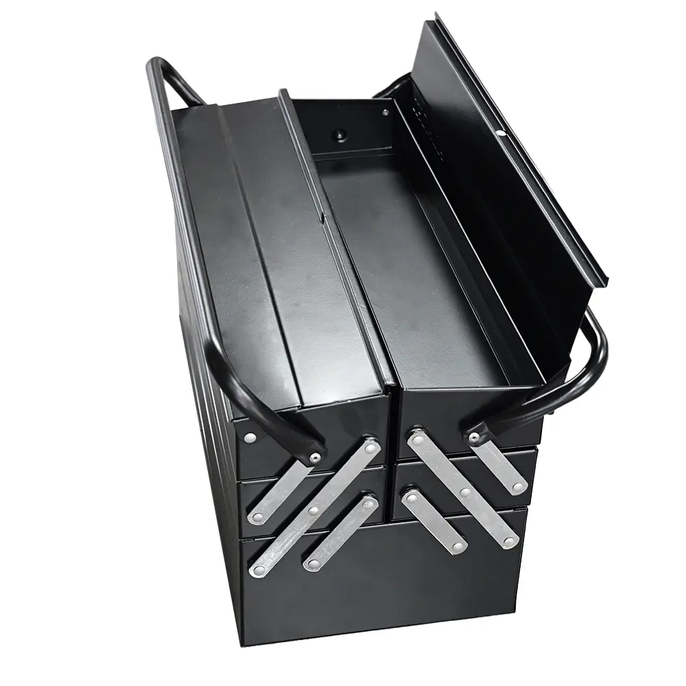 Side view of the 470 mm cantilever toolbox with trays partly opened