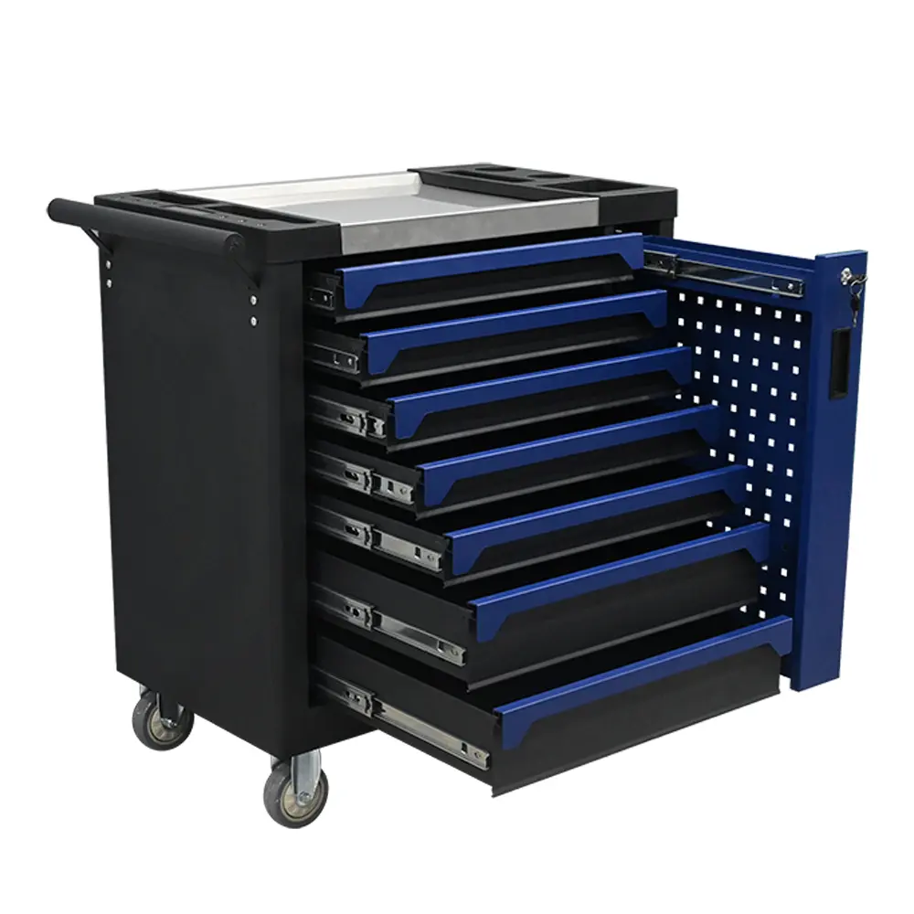 Seven drawer rolling tool cabinet with drawers and side pull-out storage open