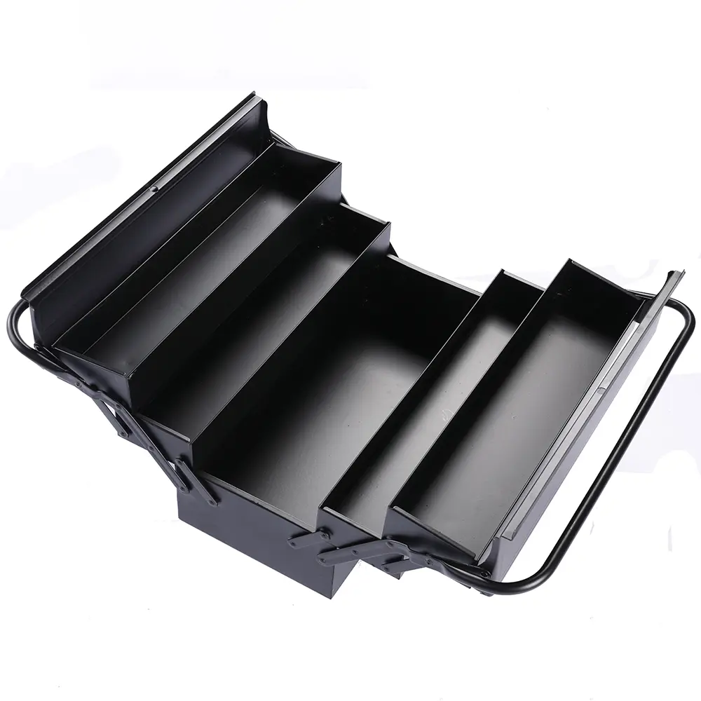 Linked storage trays of the 465 mm cantilever toolbox fully opened