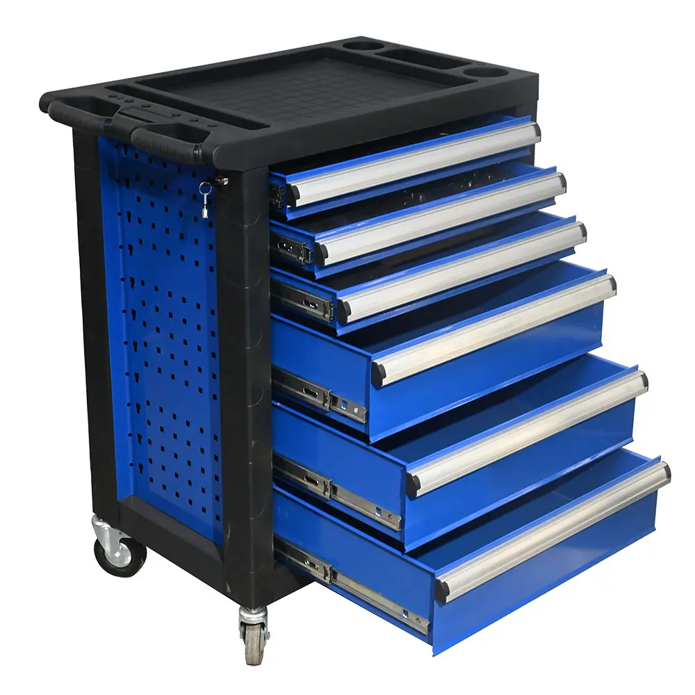 Six drawer rolling tool cabinet with drawers open and side pegboard