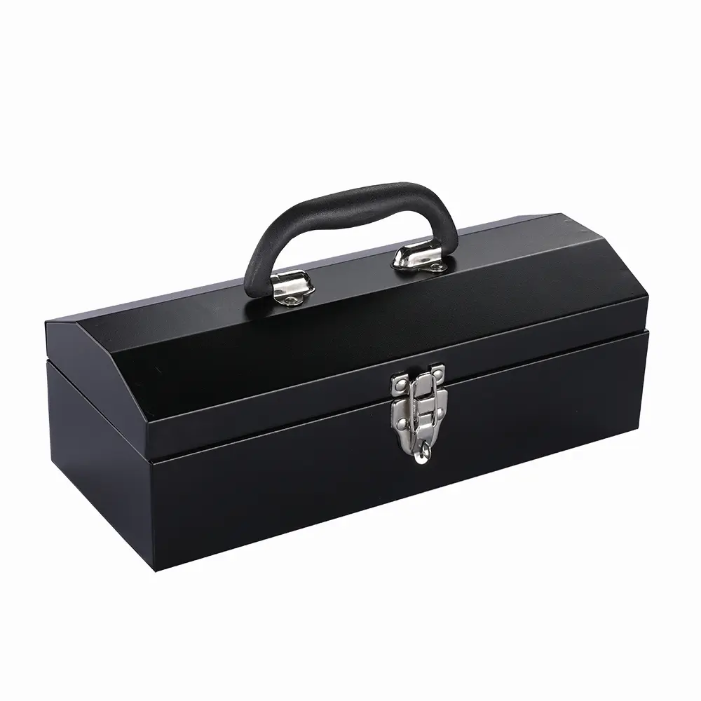 Compact black steel toolbox with carrying handle and front latch