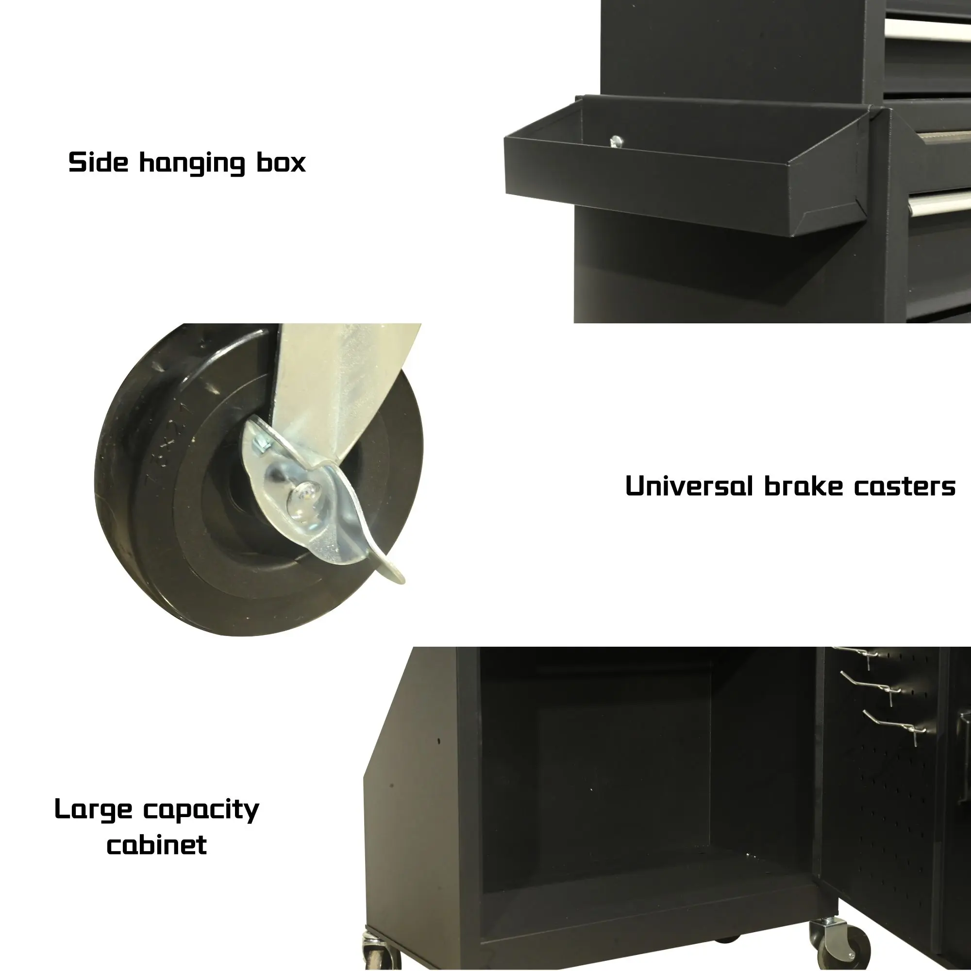 Side tray caster brake and lower door storage details of the five drawer cabinet set