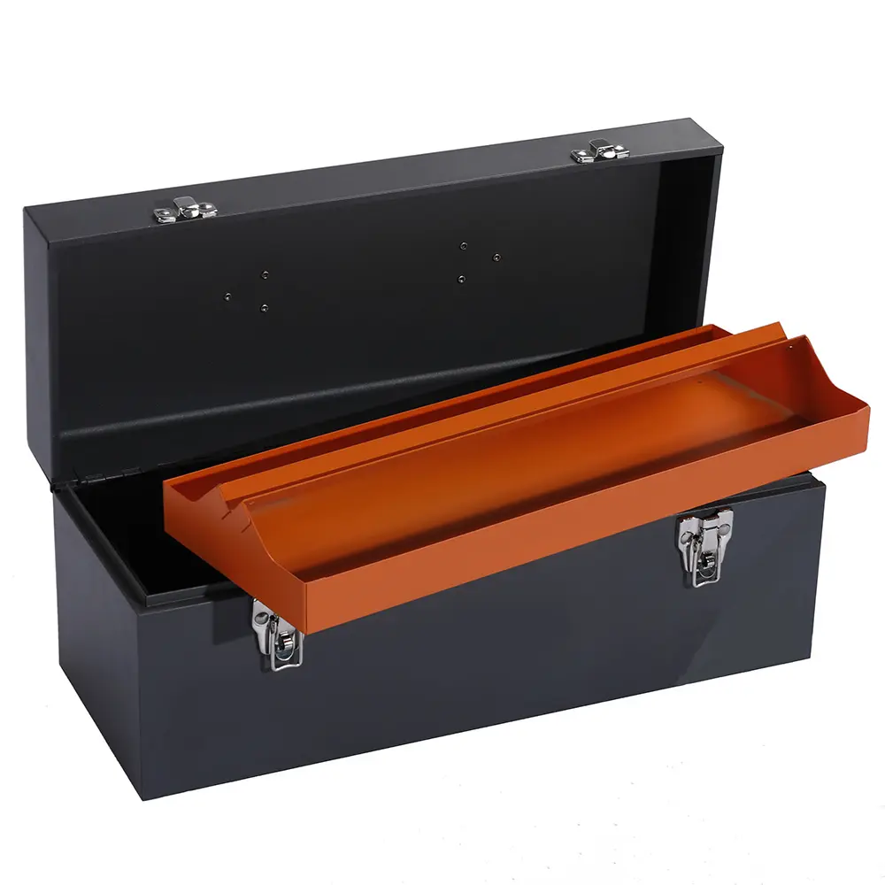 Open steel toolbox with orange removable tray