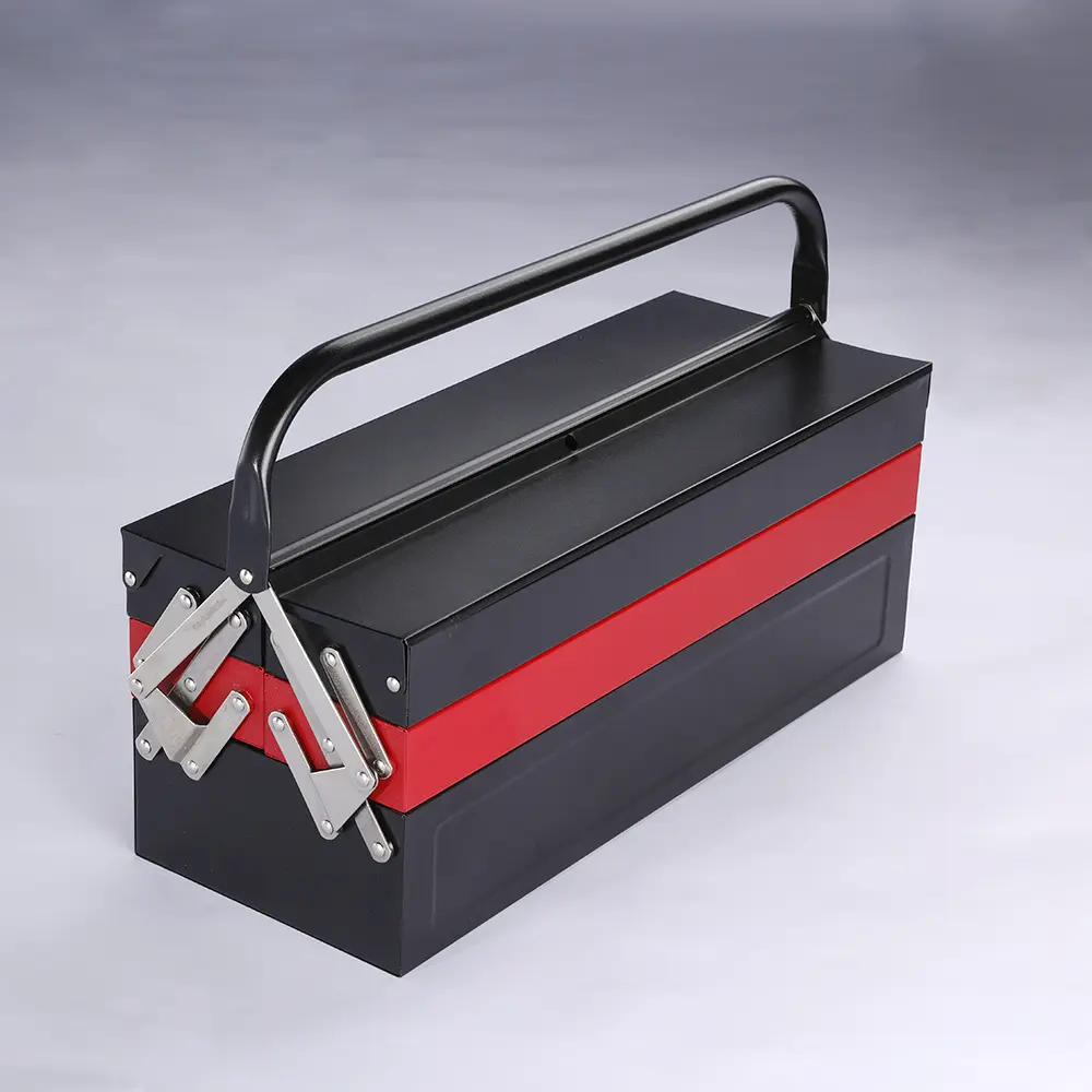 Side angle of the wide black and red cantilever toolbox