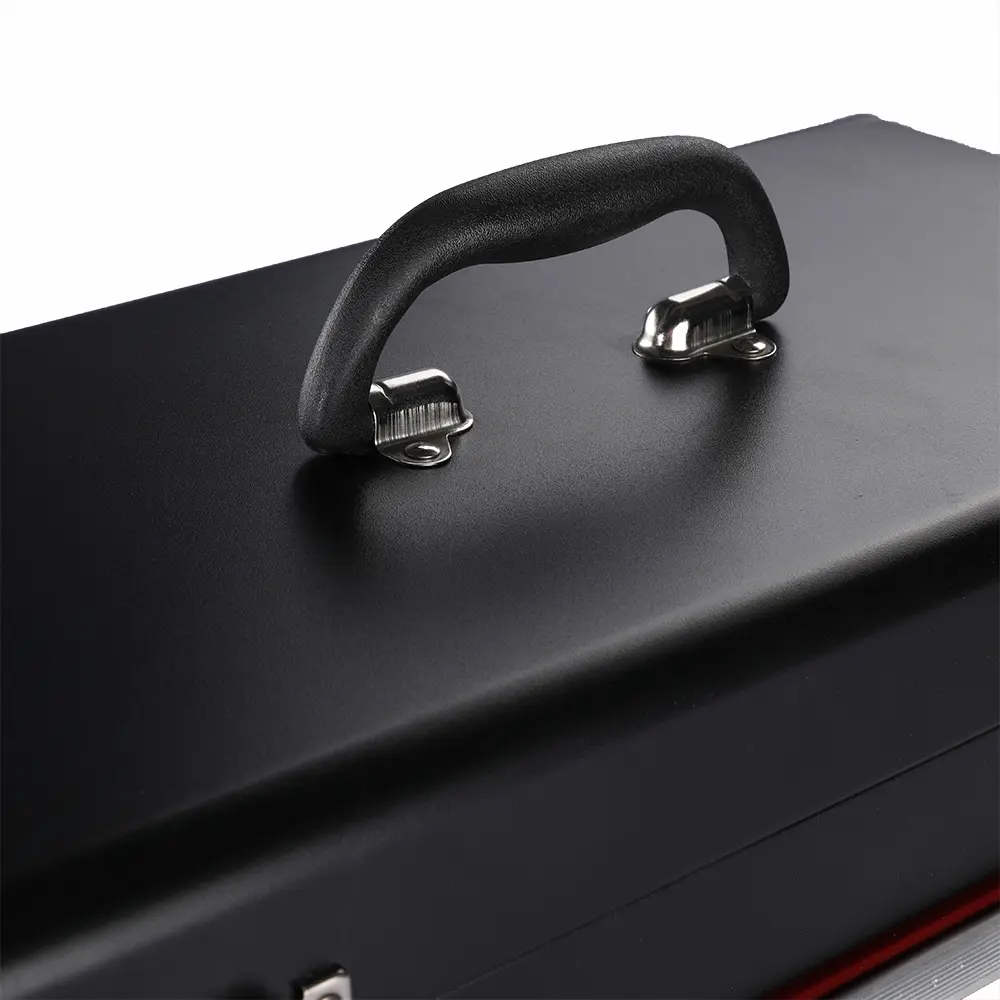 Carry handle detail on the single drawer steel toolbox