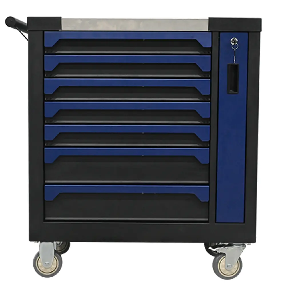 Front view of the blue seven drawer rolling tool cabinet with side storage