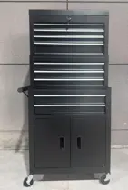 Three piece steel tool chest and rolling cabinet set with lower double door storage