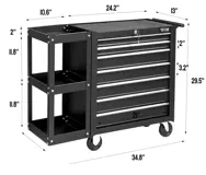 Seven drawer rolling tool cabinet with an attached three shelf side storage unit