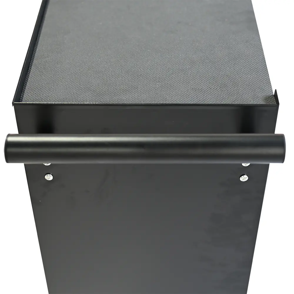 Top tray and handle view of the black five drawer tool cabinet