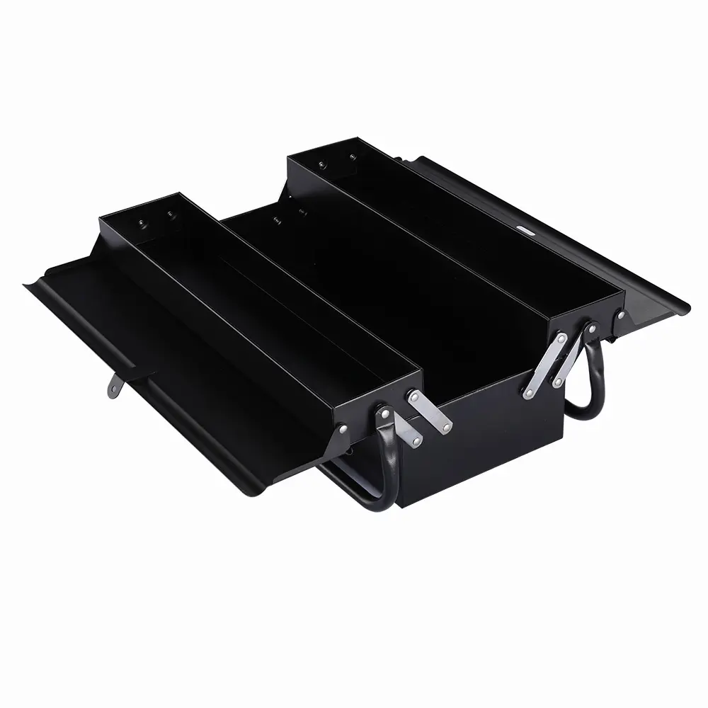 Three tray cantilever toolbox fully opened for access to its compartments