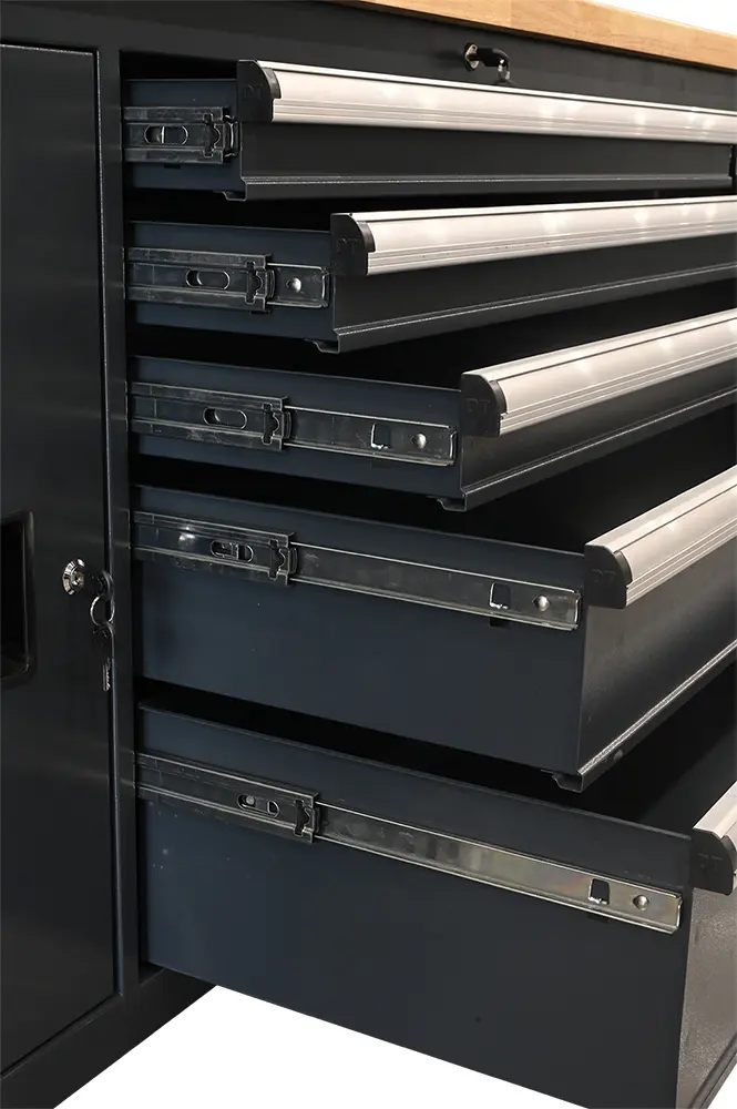 Full-opening workbench drawers and ball bearing slide detail