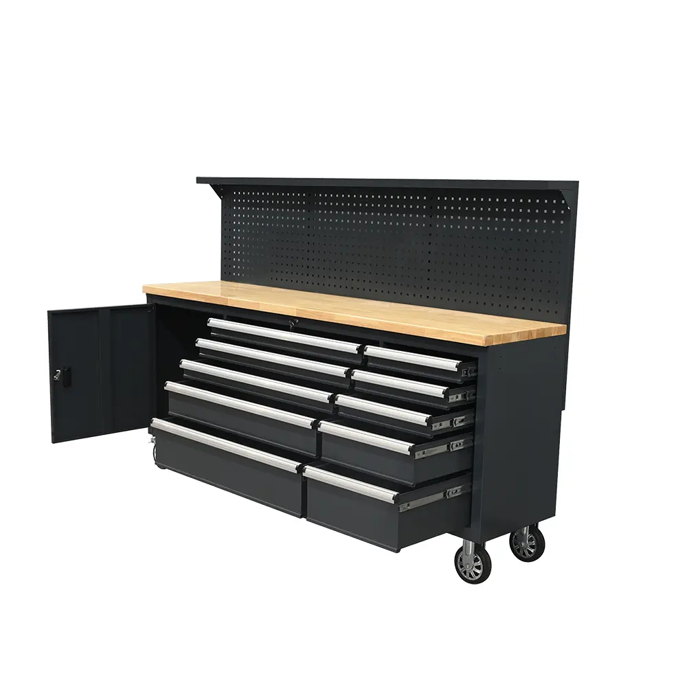 Mobile tool workbench with drawers and lower door storage open