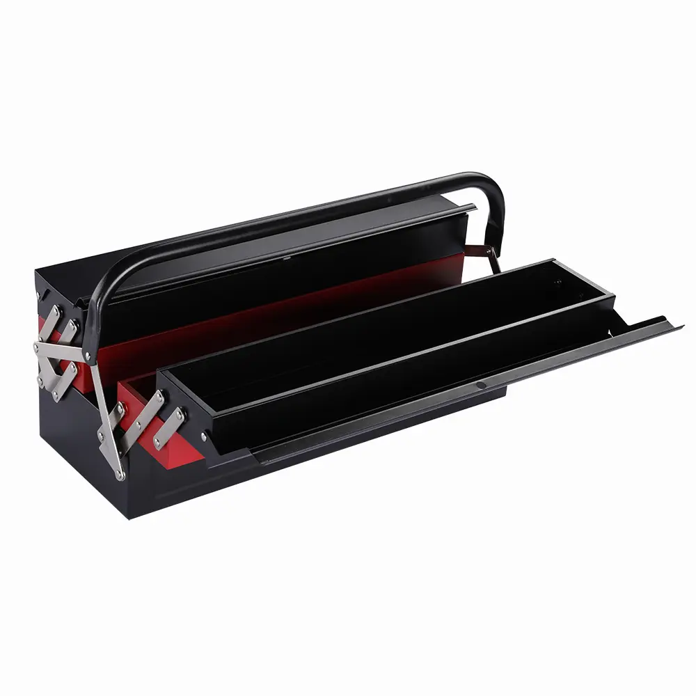Wide cantilever toolbox with trays partly opened