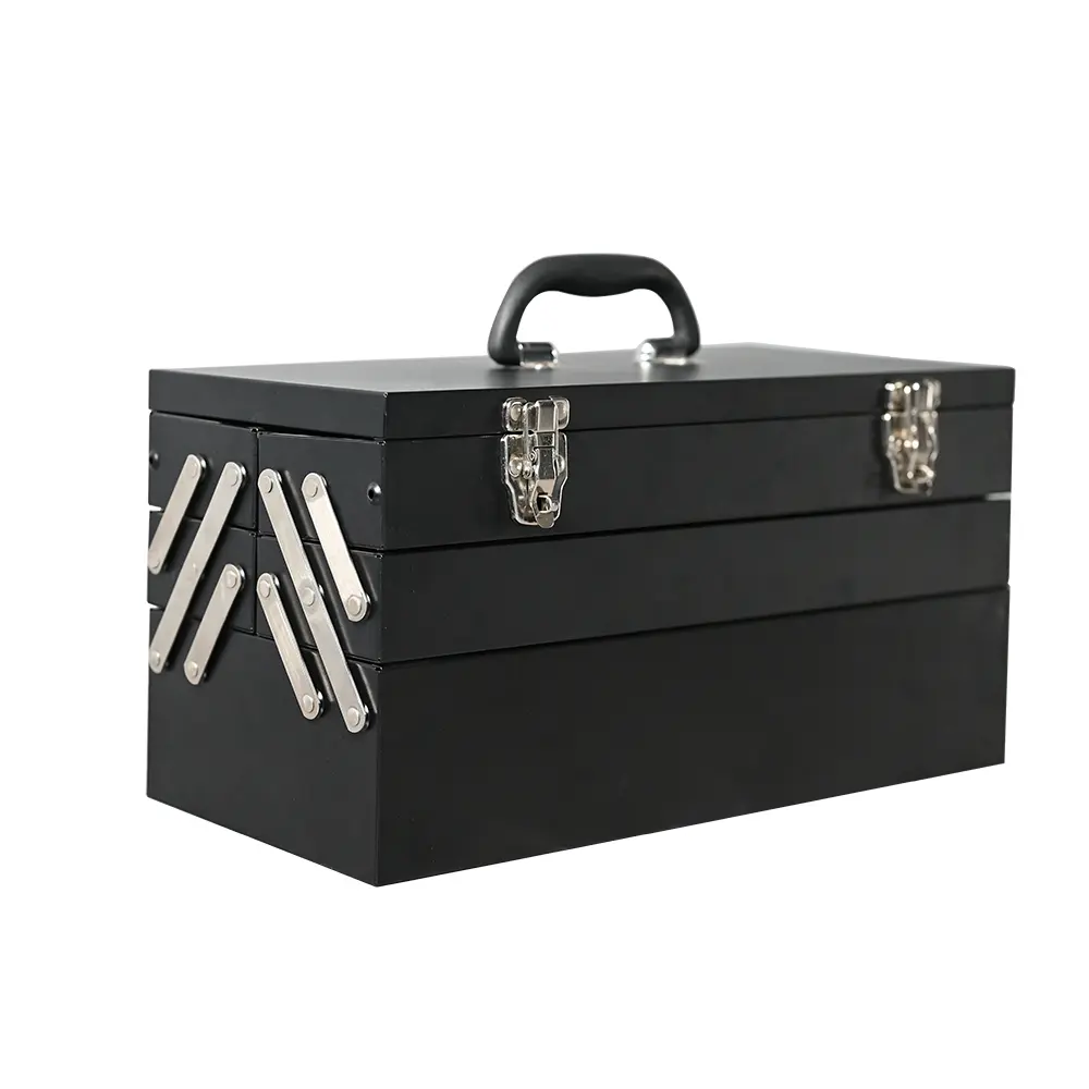 Black steel cantilever toolbox with two front buckle latches and carrying handle