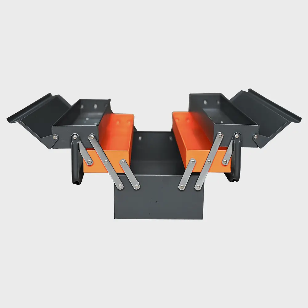 Grey and orange 530 mm cantilever toolbox with storage trays opened