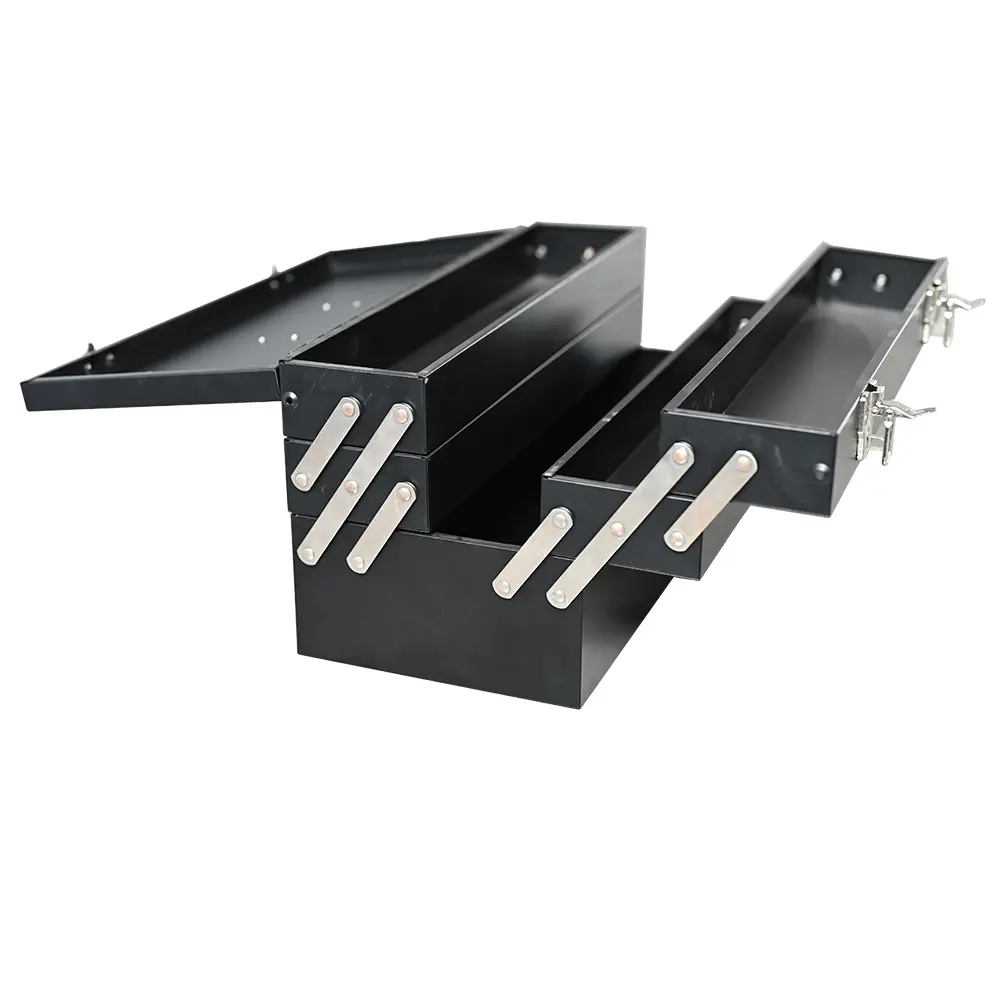 Buckle latch cantilever toolbox with storage trays open