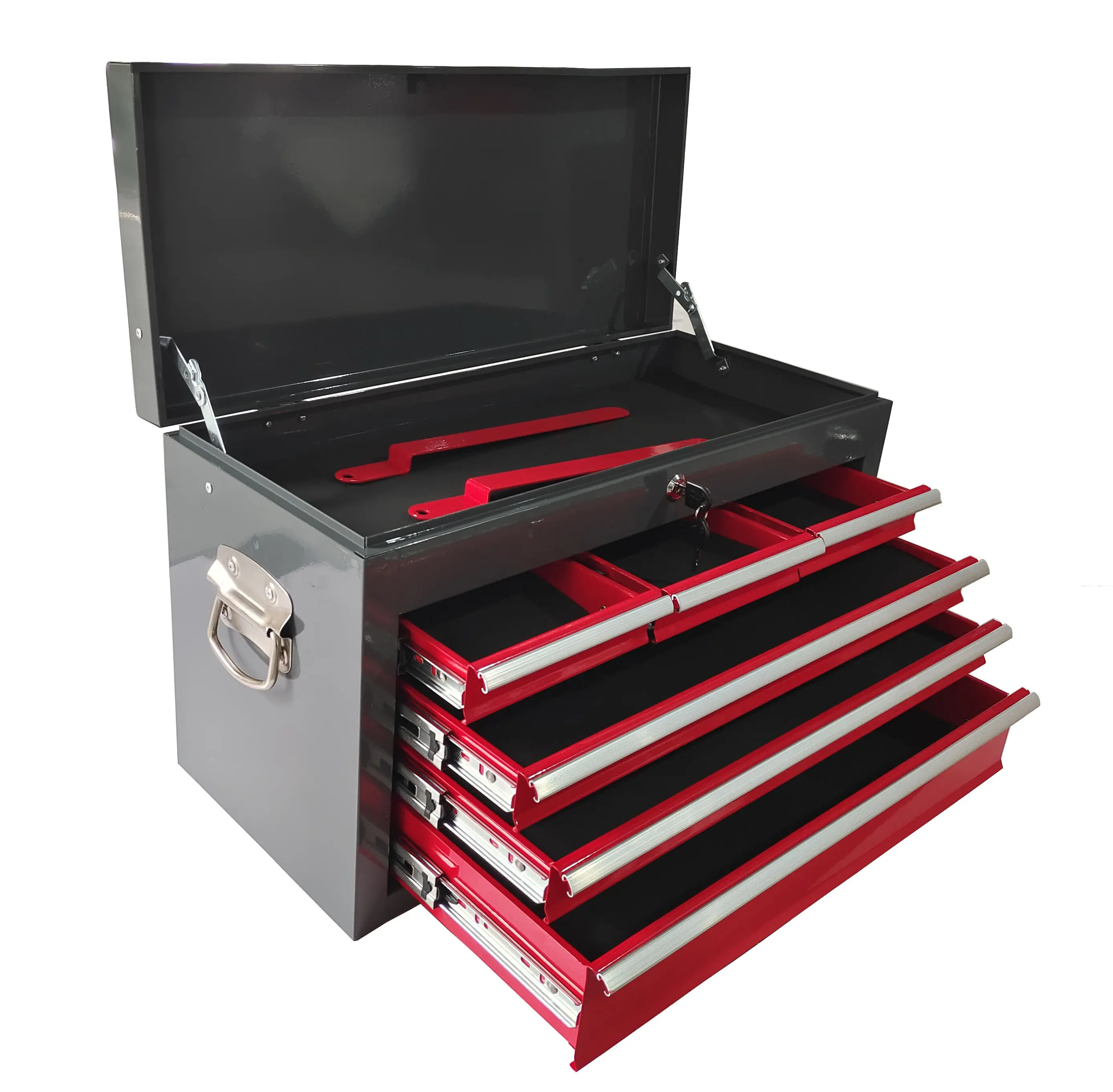 Nine drawer top tool chest with lid and drawers open