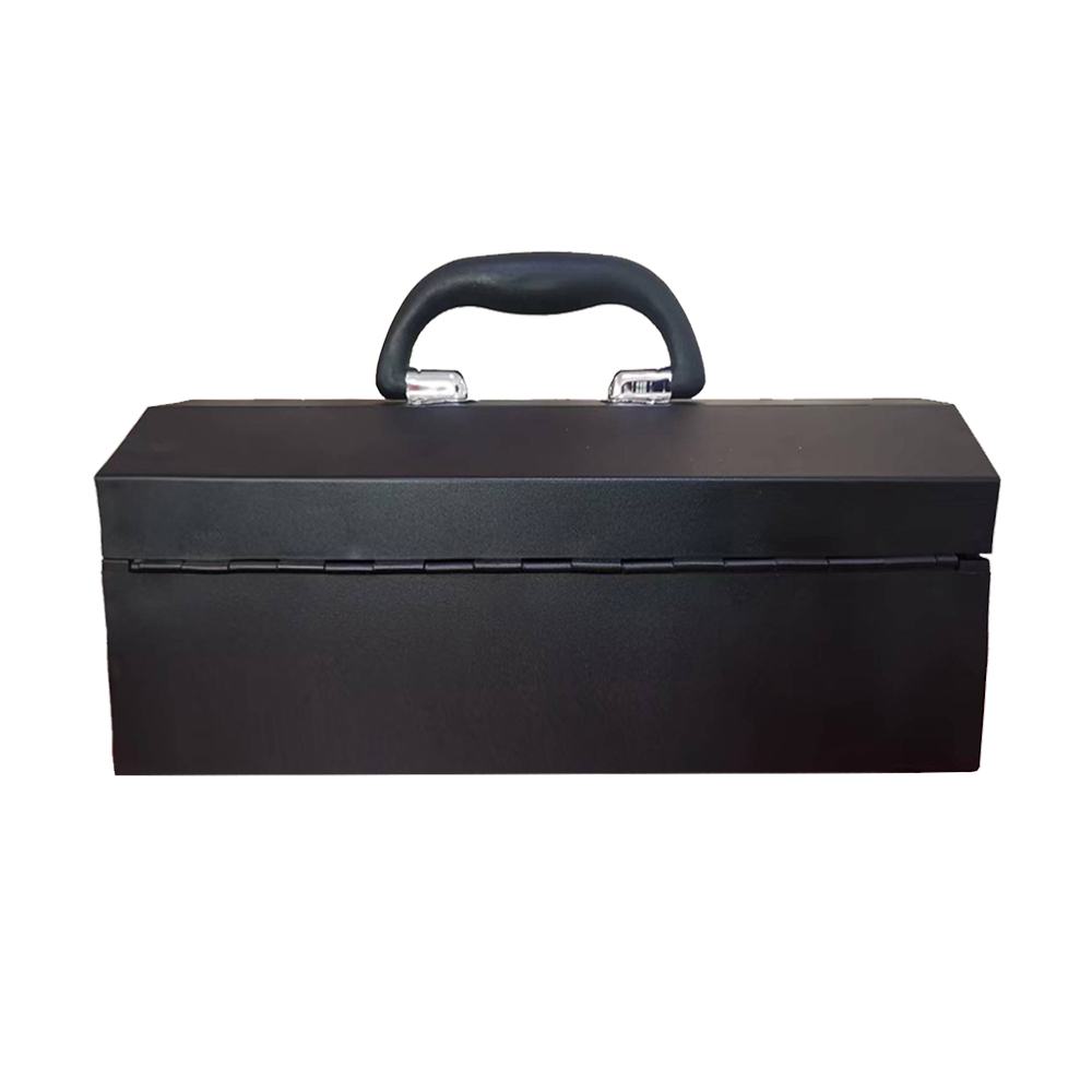 Front view of the compact steel toolbox with carrying handle