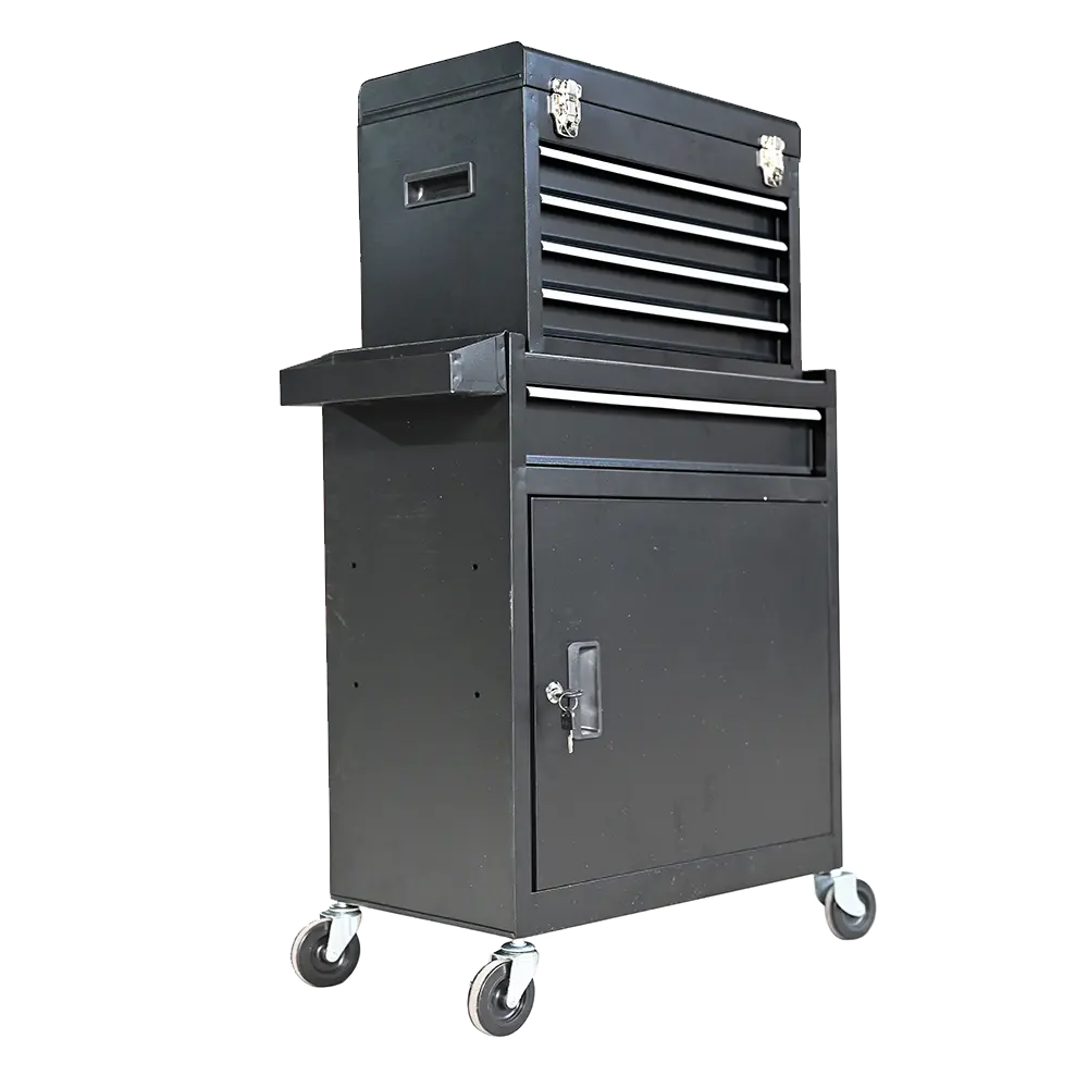 Angled view of the five drawer tool chest and rolling cabinet set
