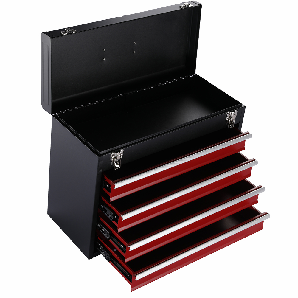 Four drawer metal toolbox with lid and drawers open
