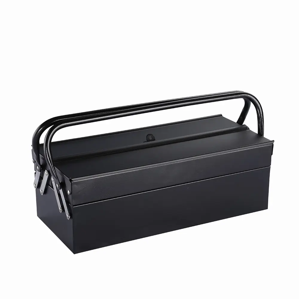 Black three tray cantilever steel toolbox with twin handles
