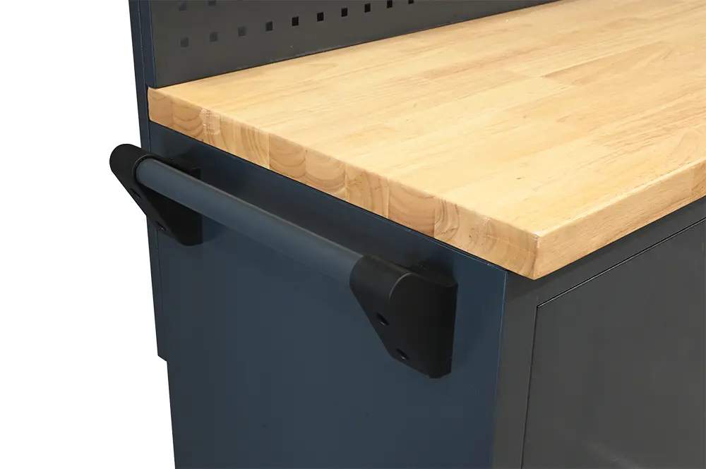 Wooden worktop and side handle detail of the mobile tool workbench