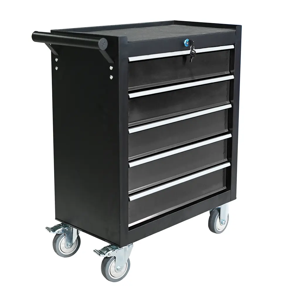 Black five drawer steel tool cabinet with side handle, angled view