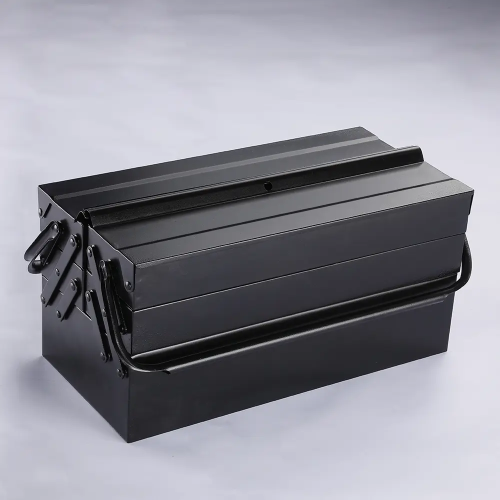Cantilever toolbox with carrying handles folded down