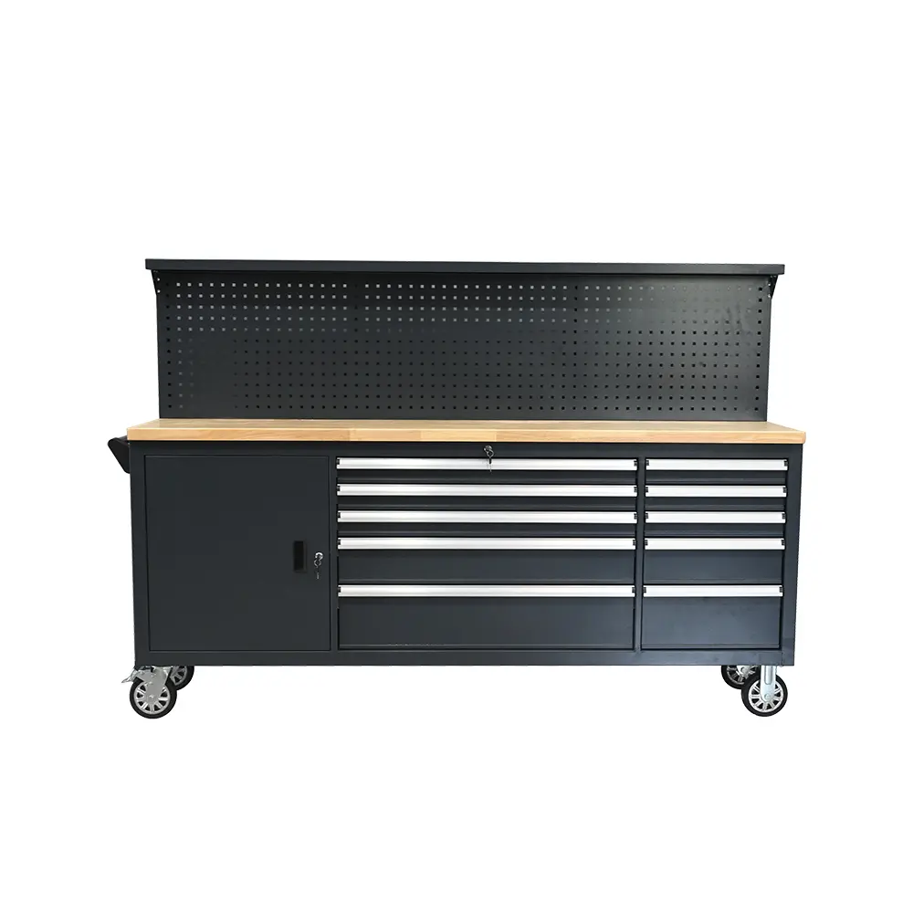Black mobile tool workbench with perforated pegboard wooden top and drawer storage by Zhejiang Dingda